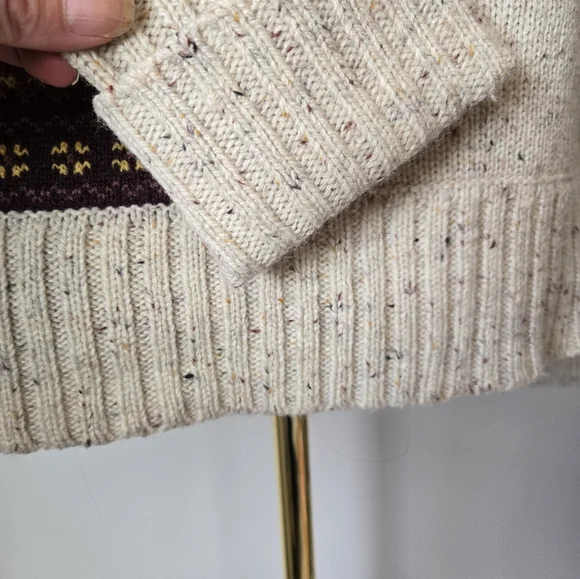 POWDER ROOM Knit Cream and Brown Patchwork Stitch Hooded Sweater. Size Large - Picture 3 of 11